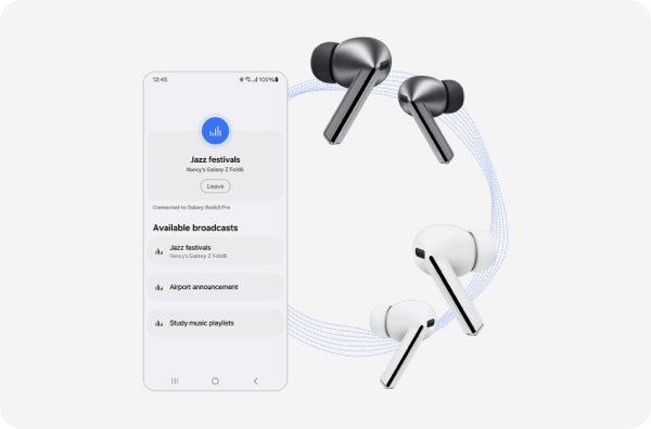 The Auracast application open on the left. On the top is a pair of Galaxy Buds3 Pro in silver and on the bottom is a pair of Galaxy Buds3 Pro in white