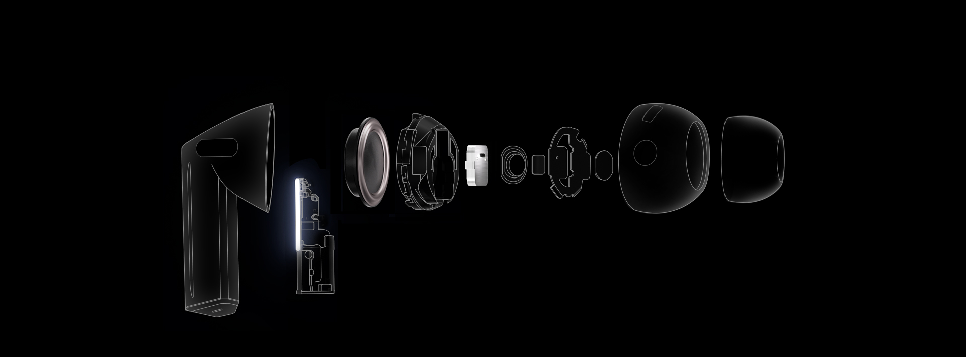 An x-ray showing parts of a single, Galaxy Buds3 Pro earbud.