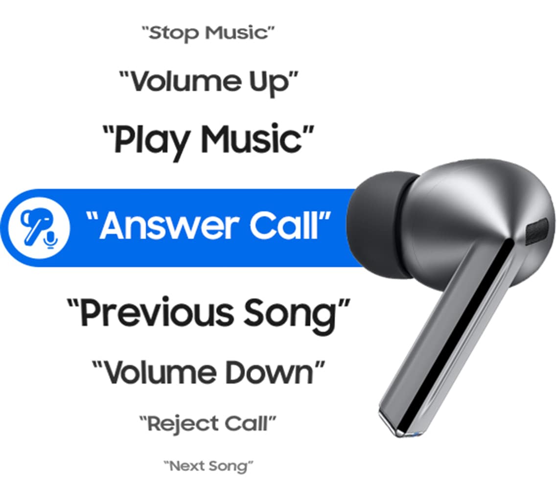 A single, Galaxy Buds3 Pro earbud in silver next to the voice command 'Answer Call' with various voice commands above and below 'Answer Call'.