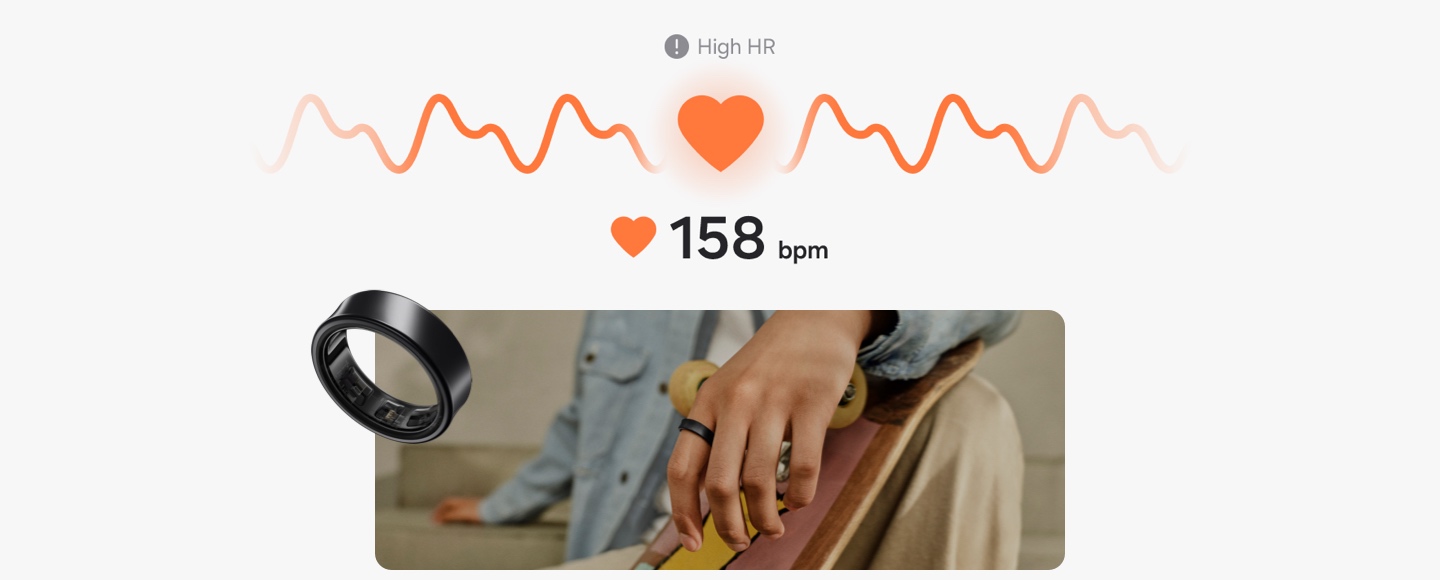 A heart icon in the middle is beating to indicate heartbeat. In the background is the heart rate monitor line that moves according to the heartbeat. Below, the BPM status can be seen along with a small heart icon, which all changes in line with the heartbeat. A High HR alert message appears as the BPM gets higher.