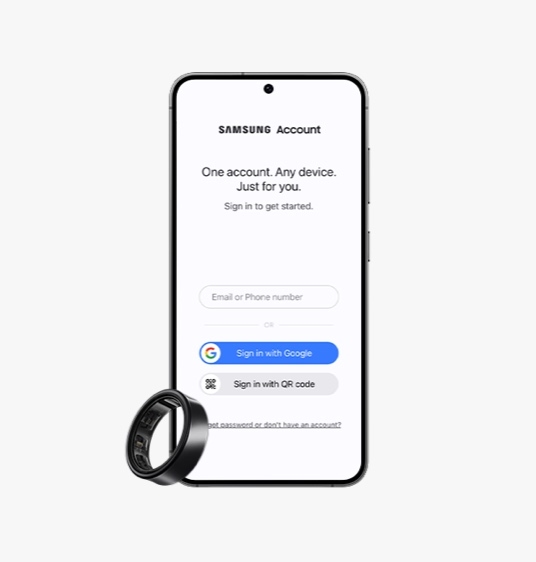 Samsung Galaxy smartphone can be seen with Samsung account login page onscreen. On the left side of the smartphone is a Galaxy Ring, slightly tilted.