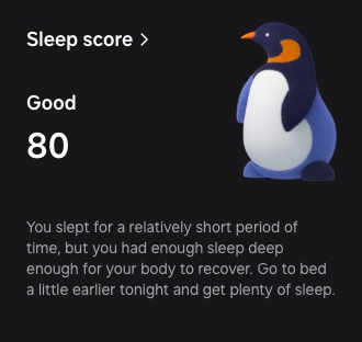 GUI of Sleep score can be seen. The score is 80 and the text Good can be seen above the score.