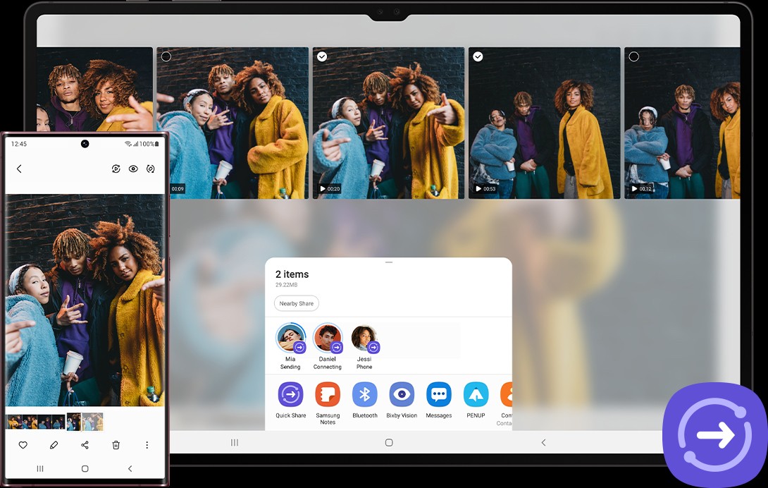 Various shots of three friends are shown with Quick Share popup opened on the bottom of the screen of Galaxy Tab S8 Series. The Quick Share icon is on the bottom right corner. A Samsung Galaxy Smartphone is on the left with a clip of friends opened, showing that the clip was sent from Galaxy Tab S8 Series to the Samsung Galaxy Smartphone.