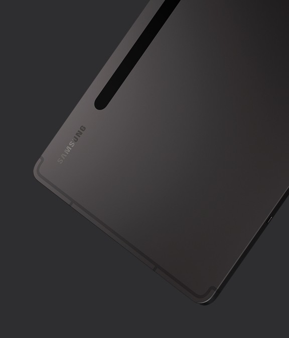 Galaxy Tab S8 in Graphite finish from the back and slightly from the side to show the slim design.