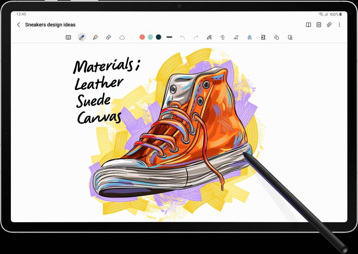 A shoe design with "Materials", "Suede", "Leather", and "Canvas" written on the top left with S Pen on Samsung Notes.