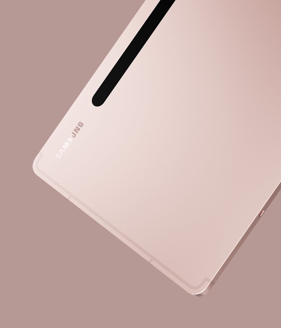 Galaxy Tab S8 in Pink Gold finish from the back and slightly from the side to show the slim design.