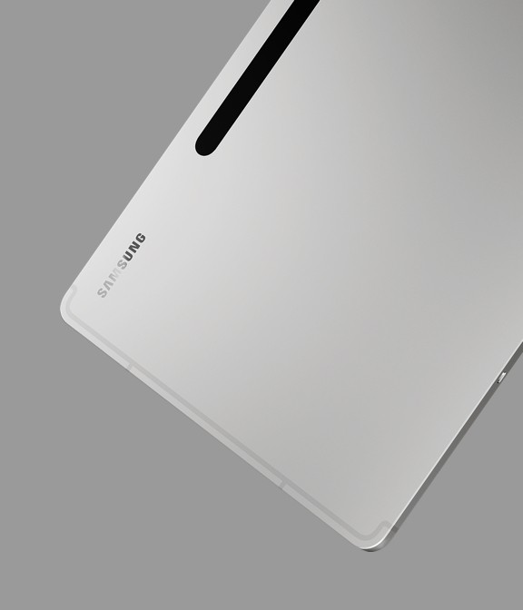 Galaxy Tab S8+ in Silver finish from the back and slightly from the side to show the slim design.