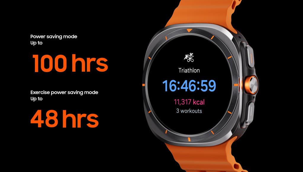 A Galaxy Watch Ultra is seen with a number going up to '100 hours' to represent maximum battery life in Power Saving Mode. As the display switches to the Triathlon tracking screen, another number goes up to '48 hours' to represent maximum battery life in Exercise Power Saving Mode.