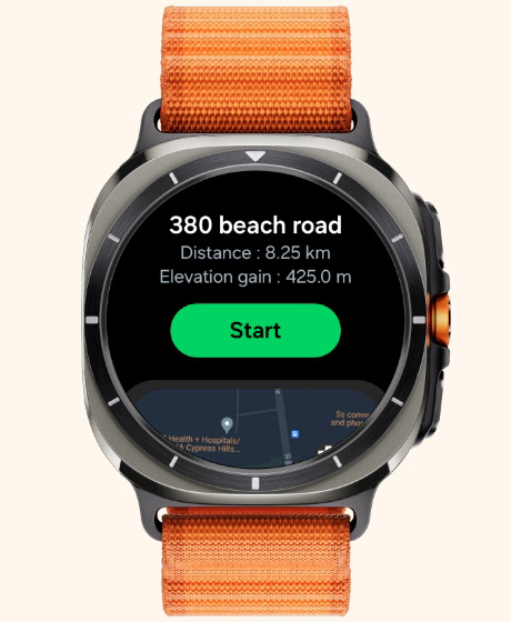 A Galaxy Watch Ultra displaying the Route feature screen with the destination, distance elevation gains and a 'Start' button shown.