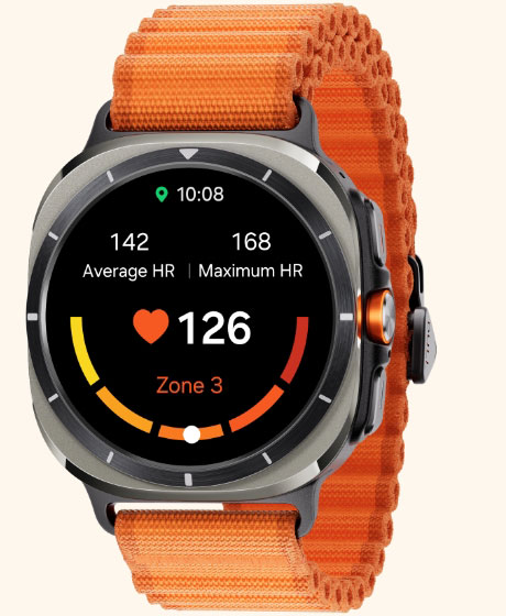 A Galaxy Watch Ultra displaying Personalized HR Zone screen showing the average heart rate, the maximum heart rate, the current heart rate and the current HR Zone.