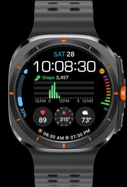 A lineup of four Galaxy Watch Ultras with different Marine Bands and One UI watch faces.