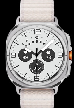 A lineup of three Galaxy Watch Ultras with different Trail Bands and One UI watch faces.