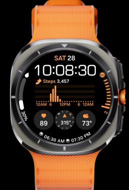 A lineup of three Galaxy Watch Ultras with different PeakForm Bands and One UI watch faces.
