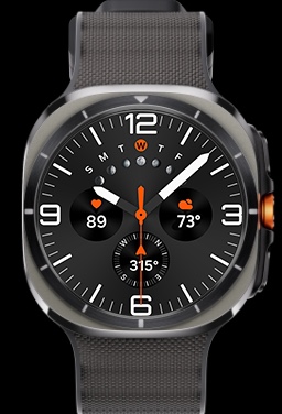 A lineup of three Galaxy Watch Ultras with different PeakForm Bands and One UI watch faces.