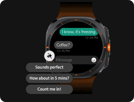 A Galaxy Watch Ultra displaying a message chat with Galaxy AI-generated reply suggestions shown over the device.