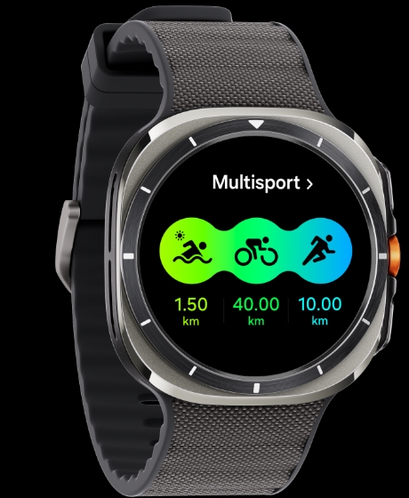 A Galaxy Watch Ultra displaying the Multisport Tile screen showing the distance set for each sport from swimming to cycling to running.