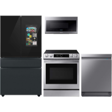 Matching Black Refrigerator with Screen and Stainless Steel Oven Range, Microwave and Dishwasher