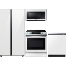 Matching White Glass Refrigerator and Stainless Steel Oven Range, Microwave and Dishwasher