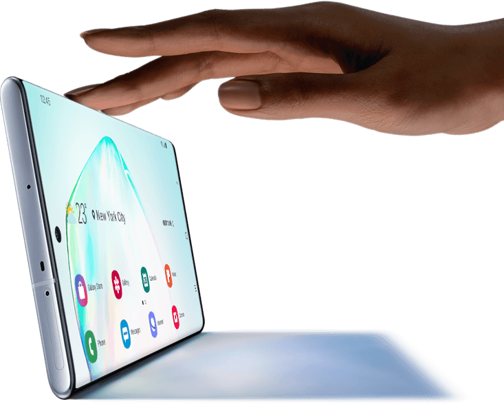 Galaxy Note10 plus seen in landscape mode with a shadow and a hand touching the top as if it’s a laptop
