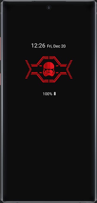Galaxy Note10 plus seen from the front with a stormtrooper Always On Display onscreen, the PIN interface with a Kylo Ren background, the Stopwatch app featuring a black and red color scheme, and the Messages app showing a chat with special Star Wars emoticons
