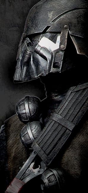 A black and white wallpaper featuring one of the Knights of Ren seen at a three-quarter angle