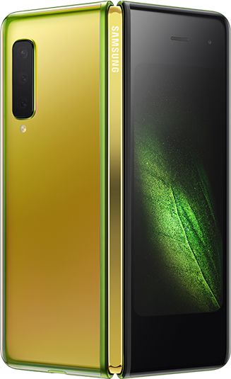 Vista trasera del Galaxy Fold verde marciano (bisagra dorada) parcialmente desplegado: cámaras triples traseras y pantalla gráfica verde