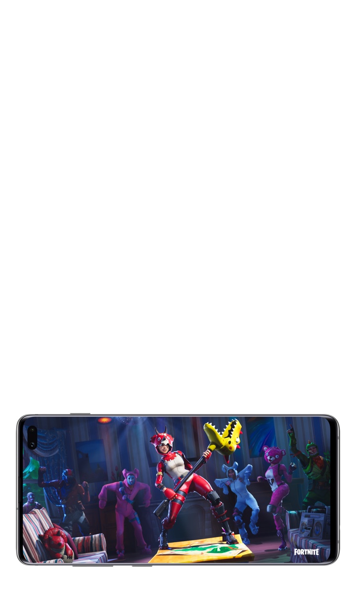 The outline of a Galaxy S10+ with an in-game screen of a female Fortnite character dressed in a triceratops skin, holding a weapon with a dinosaur head at one end. The outline of a Galaxy S10+ with an in-game screen of a female Fortnite character dressed in a triceratops skin, holding a weapon with a dinosaur head at one end.