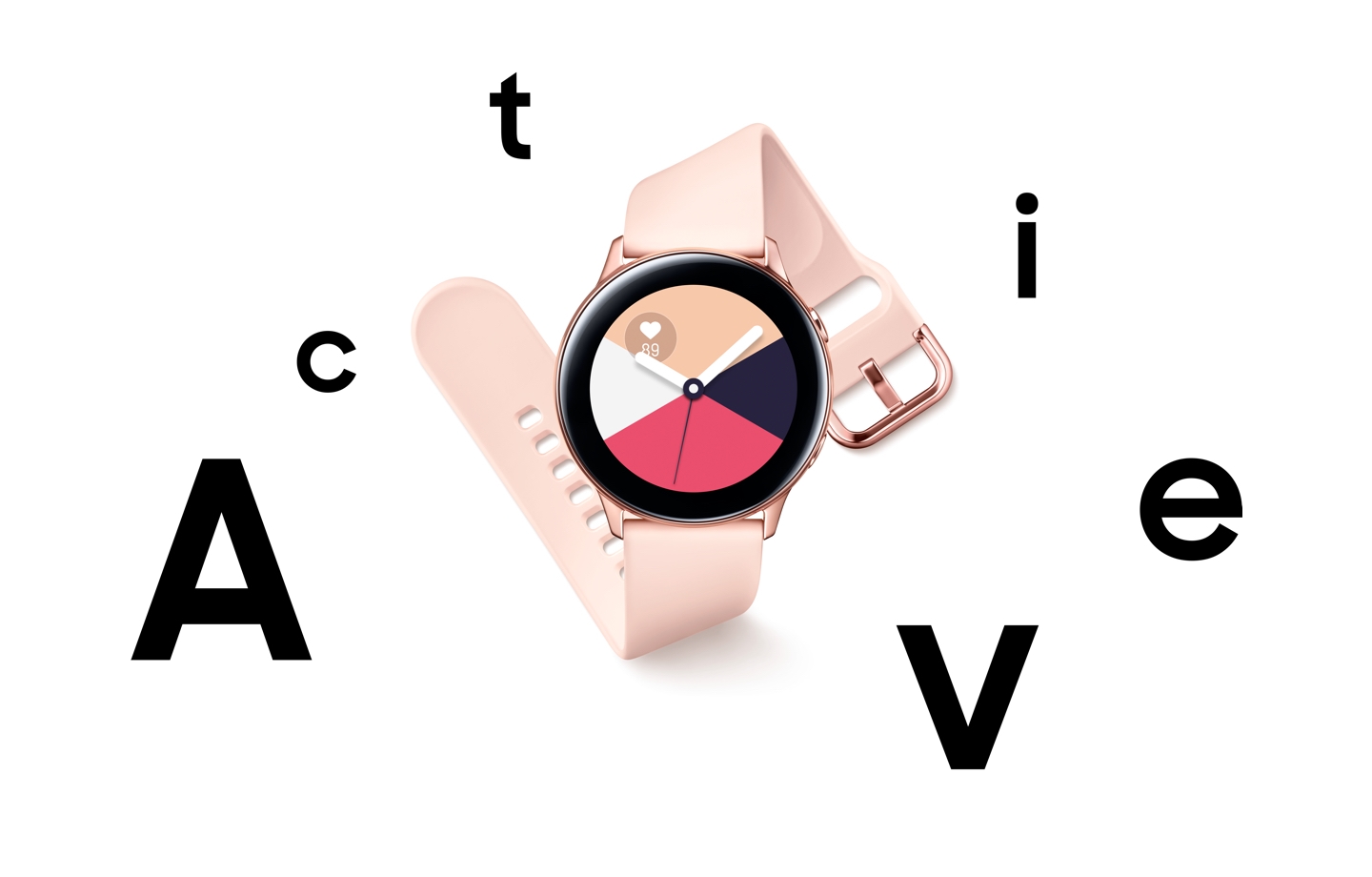 A rose gold Galaxy Watch Active seen from the front and set against a white background with the word “Active” broken up around the product. A rose gold Galaxy Watch Active seen from the front and set against a white background with the word “Active” broken up around the product.
