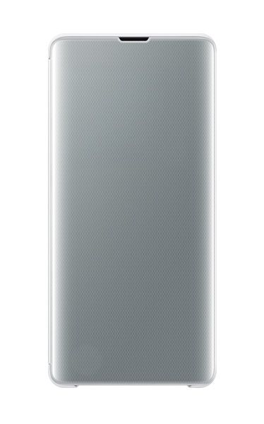 Animation of S-View Flip Cover View Cover in White with Galaxy S10+ in Prism White. The Always On Display appears and shows the date, time, and battery life