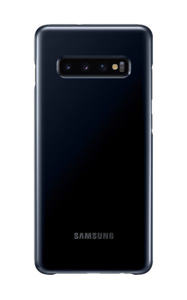 Animation of LED Back Cover in Black with Galaxy S10 plus in Prism Black with mood lighting on the back appearing and remaining on