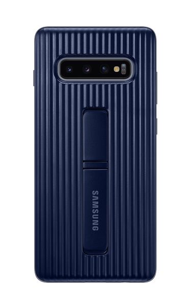 Rugged Protective Cover in Black with Galaxy S10 plus in Prism Black. It animates to show from the phone and case being seen from the rear and then show the phone in landscape mode at a three-quarter angle held at an ideal viewing angle by the kickstand.