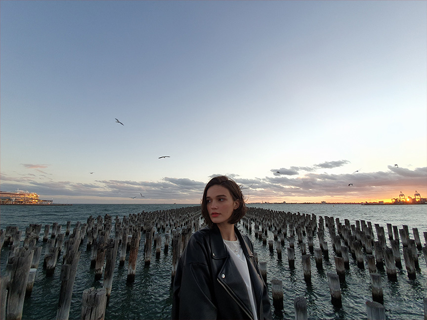 Samsung Galaxy S10 Rear Camera Ultra-Wide 123 Degree Camera Lens - Woman Near Old Dock Next to the Sea, Sunset and Seagulls