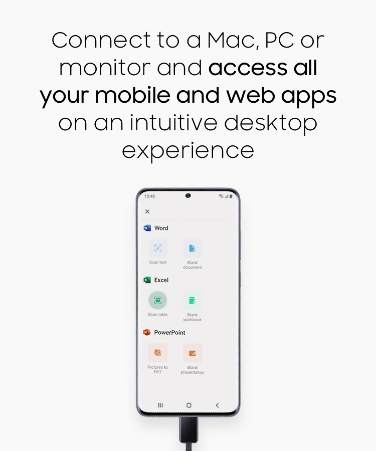Connect to a Mac, PC or monitor and access all your mobile and web apps on an intuitive desktop experience