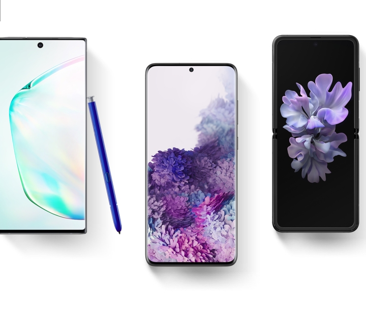 A line of various Galaxy devices including a Galaxy Note10, Galaxy S20, Galaxy Z Flip and Galaxy S10