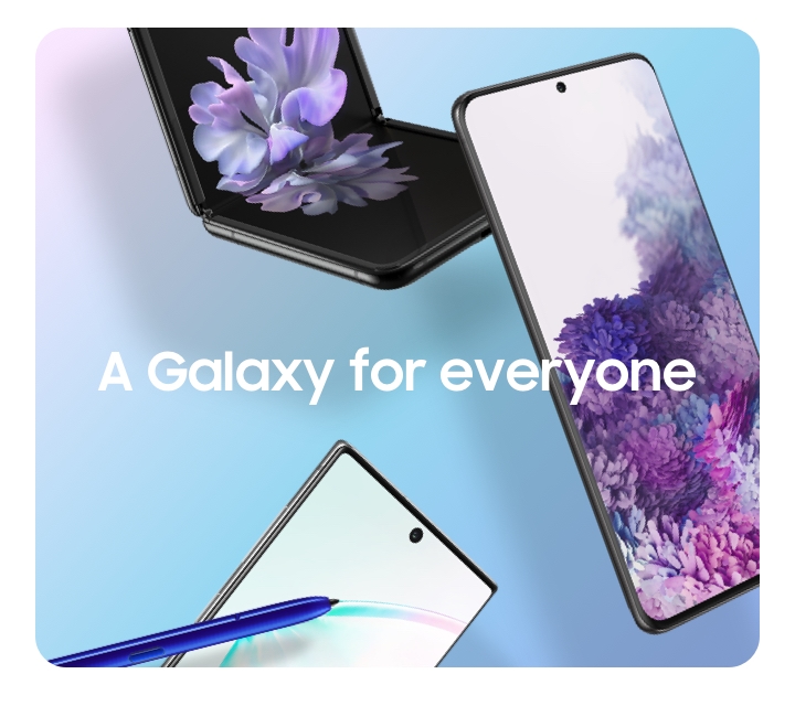 Three Galaxy phones the Galaxy Z Flip, Galaxy S20, and Galaxy Note10, hovering in space against a lavendar and blue gradient background with images of flowers on two phones and a gradient on the Galaxy Note 10. 