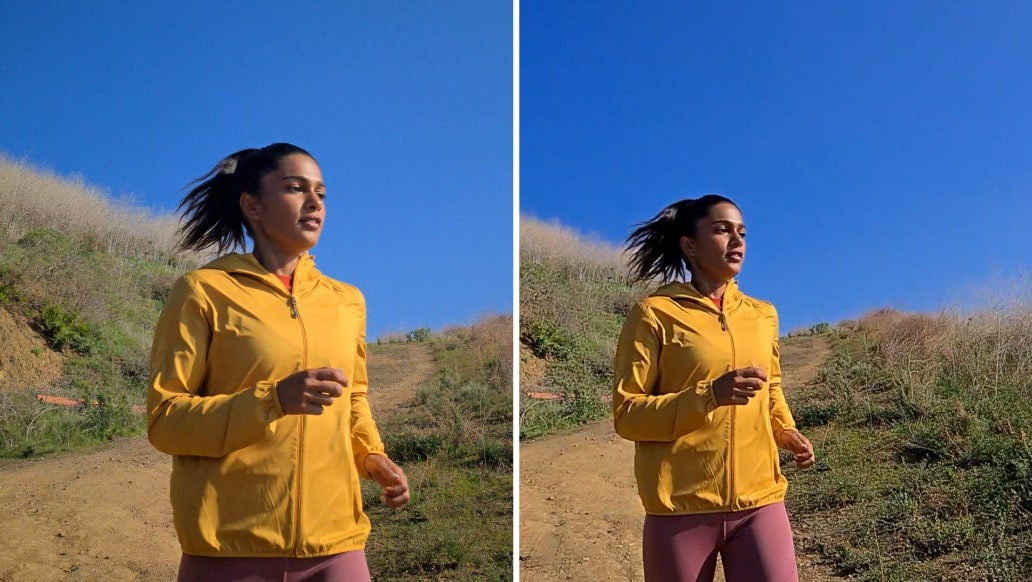 A woman doing trailrunning. A slide video slides in showing the
								same footage, but with Super steady off. The video with Super steady on shows how smooth
								the footage is