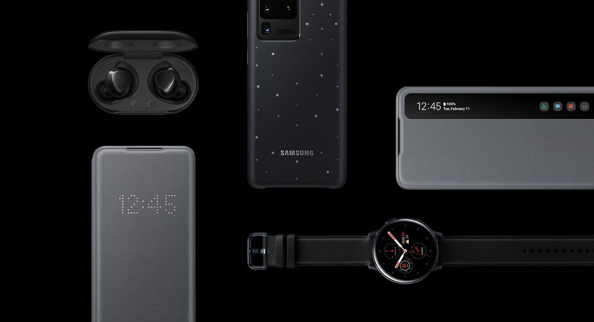 A flat lay of several Galaxy accessories including Galaxy Buds plus, the Smart LED View Cover, the Smart LED Cover, the Smart Clear View Cover, and Galaxy Watch Active2