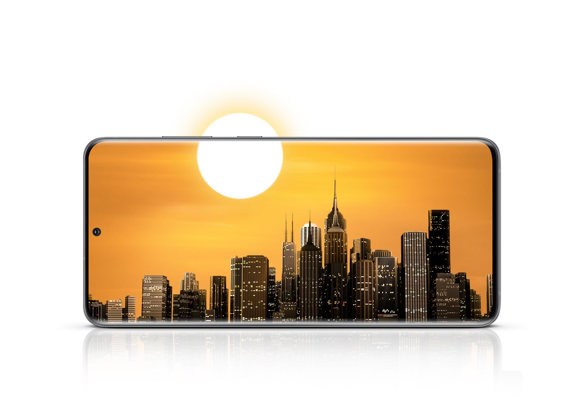 Galaxy S20 Ultra seen from the front in landscape mode with a city skyline onscreen. The sun in the sky is half on the display and half outside the display to show how the all day battery can outlast your day