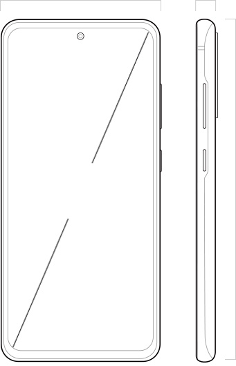 Illustration of Galaxy S20 FE seen from the front and from the side, with 6.2” across the Infinity-O Display to denote its dimensions