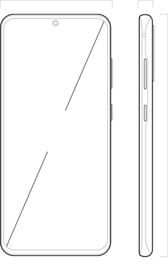 Illustration of Galaxy S20 seen from the front and from the side, with 6.2” across the Infinity-O Display to denote its dimensions