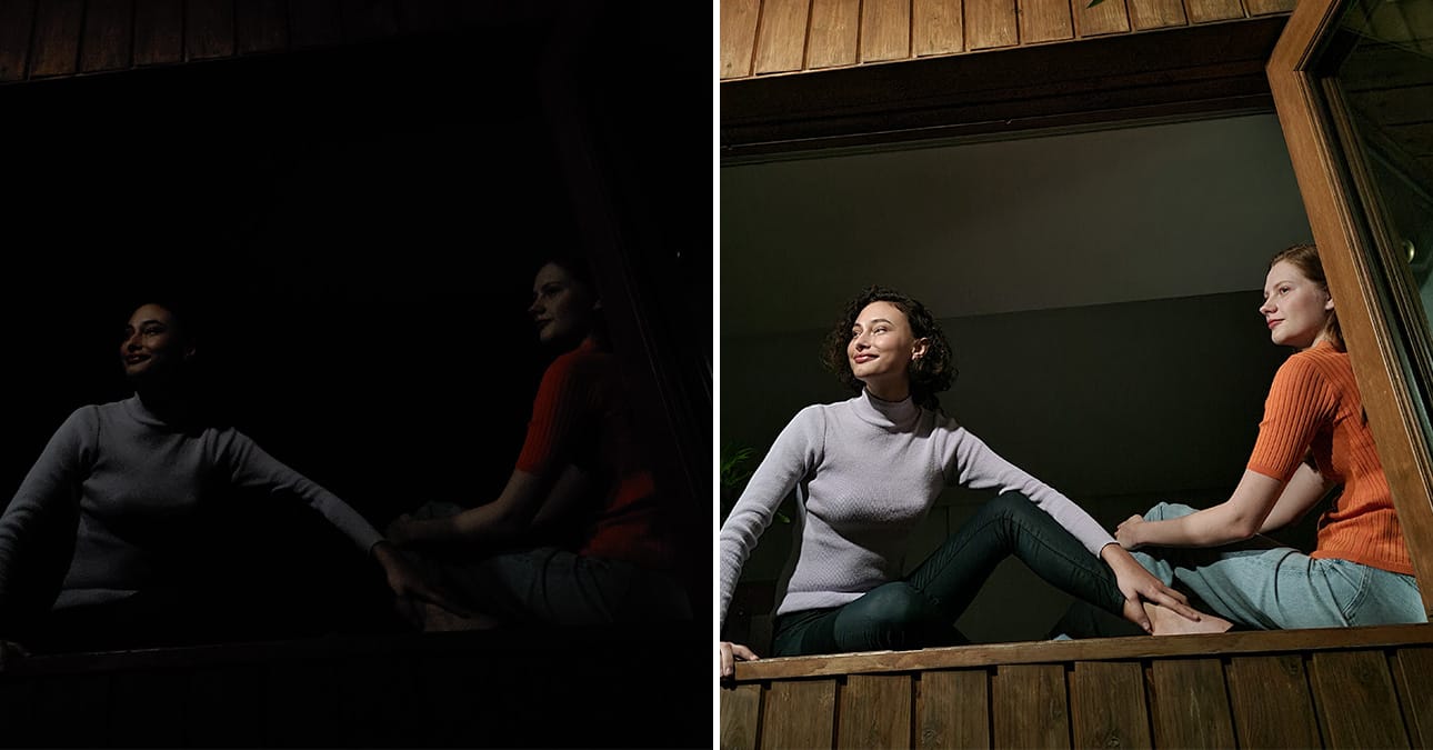 Two women sitting in an open window looking outside. One shot with Galaxy S20 FE 5G without Night mode, and the other shot with Night mode. The image shot with Night mode is clear, detailed, and featuring more color than the other photo.