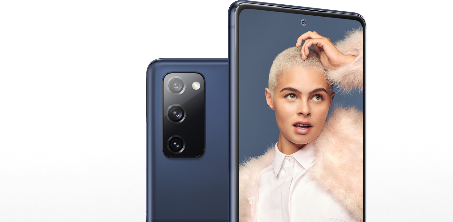 Two Galaxy S20 FE 5G phones in Cloud Navy, one seen from the rear and one seen from the front. The phone seen from the rear shows the locations of the 12MP Ultra Wide Camera, 12MP Wide-angle Camera, and 8MP Telephoto Camera. The phone seen from the front has a portrait of a woman onscreen, and shows the location of the 32MP Front Camera.