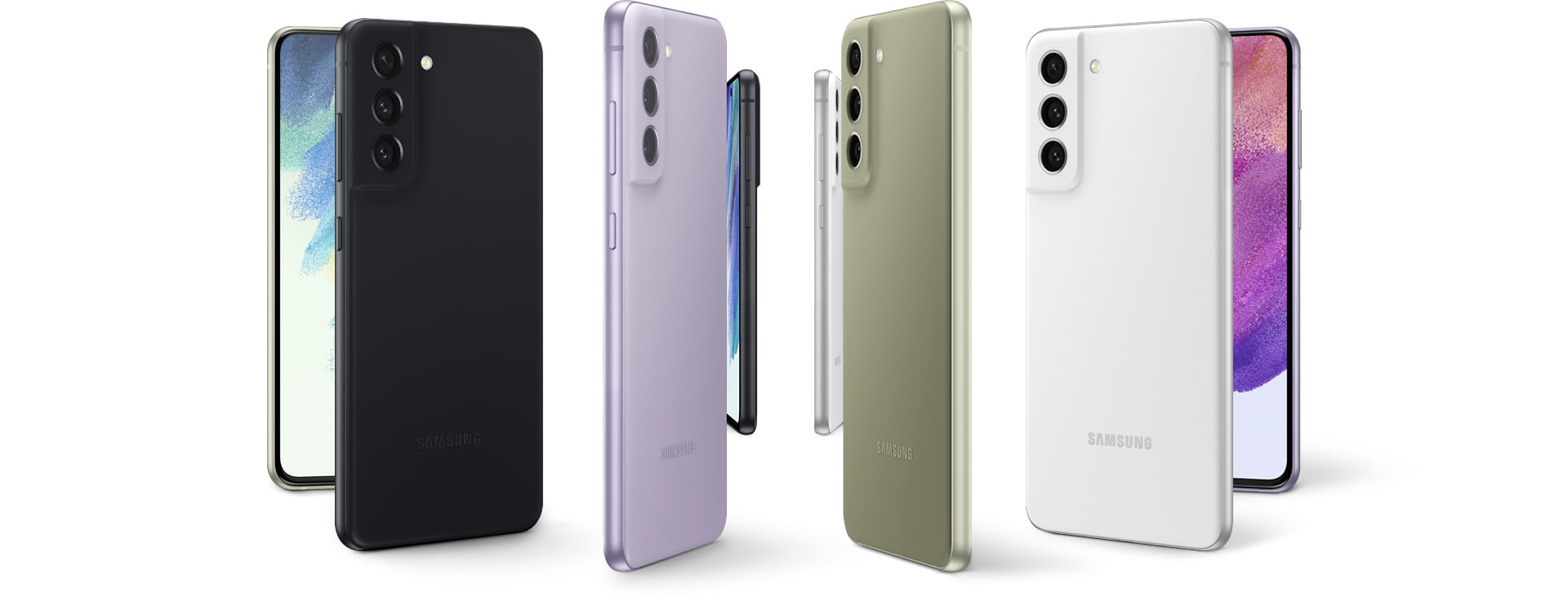 Ocho teléfonos Galaxy S21 FE 5G vistos de pie en un círculo, alternando grafito, lavanda, oliva y blanco. Algunos se ven desde atrás y otros desde el frente.