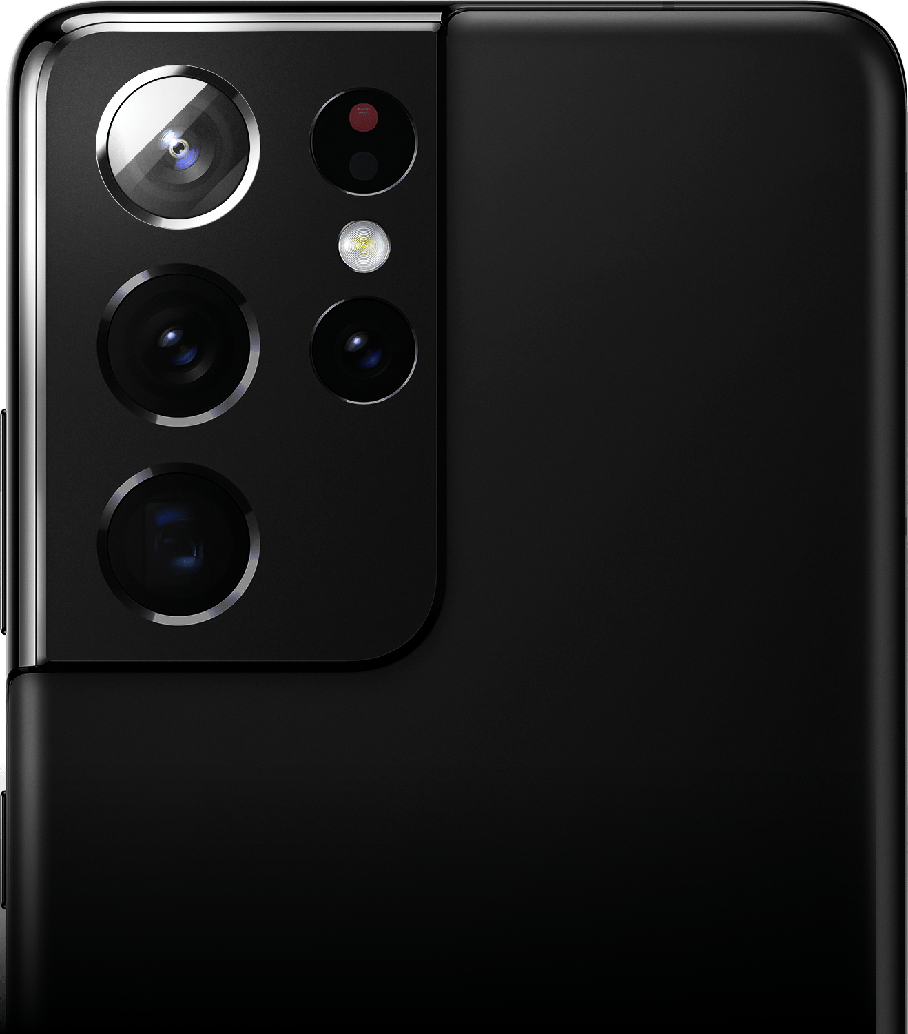 Close-up of rear camera on Galaxy S21 Ultra 5G in Phantom Black with Ultra Wide Camera highlighted.