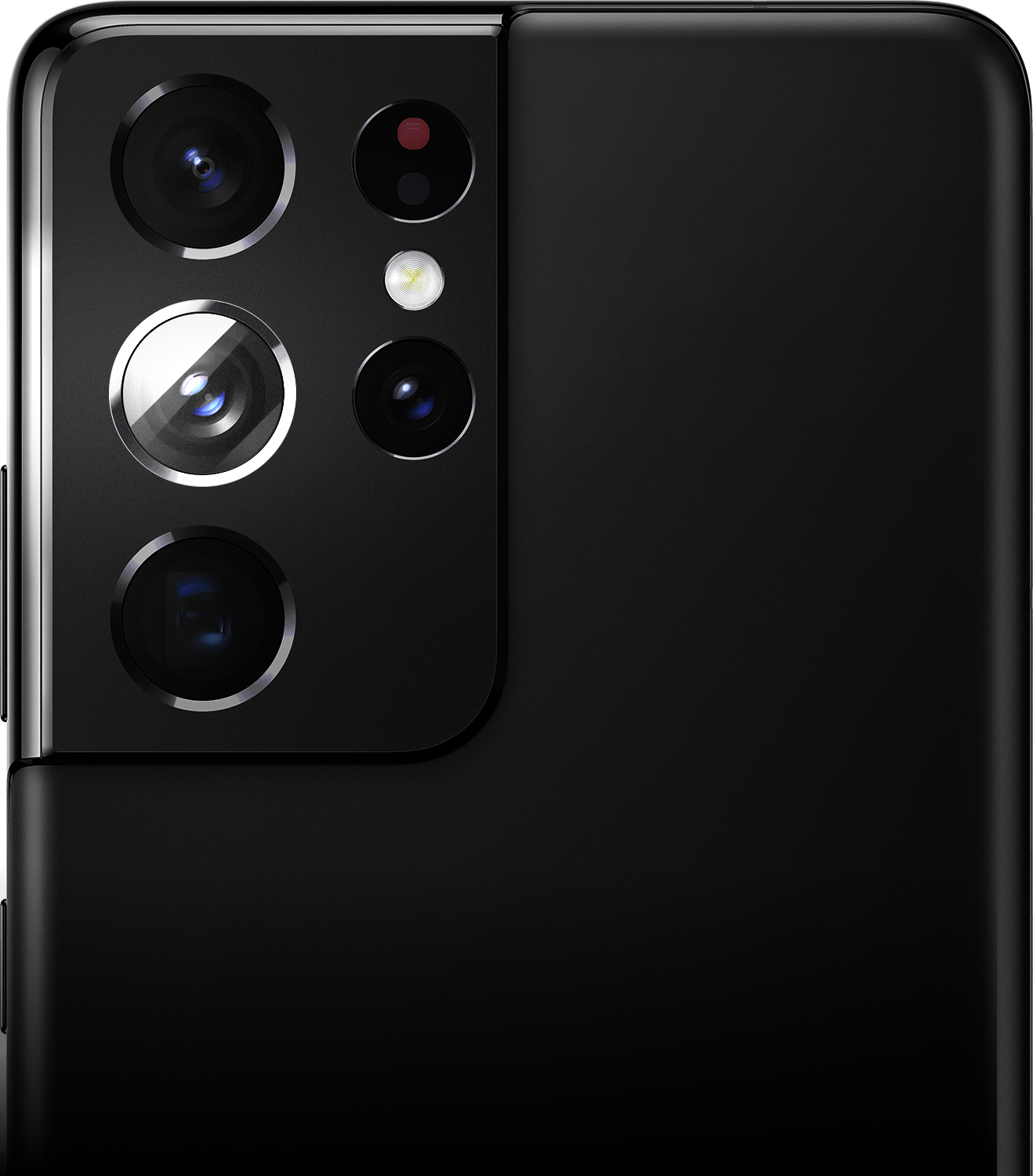 Close-up of rear camera on Galaxy S21 Ultra 5G in Phantom Black with Wide-angle Camera highlighted.