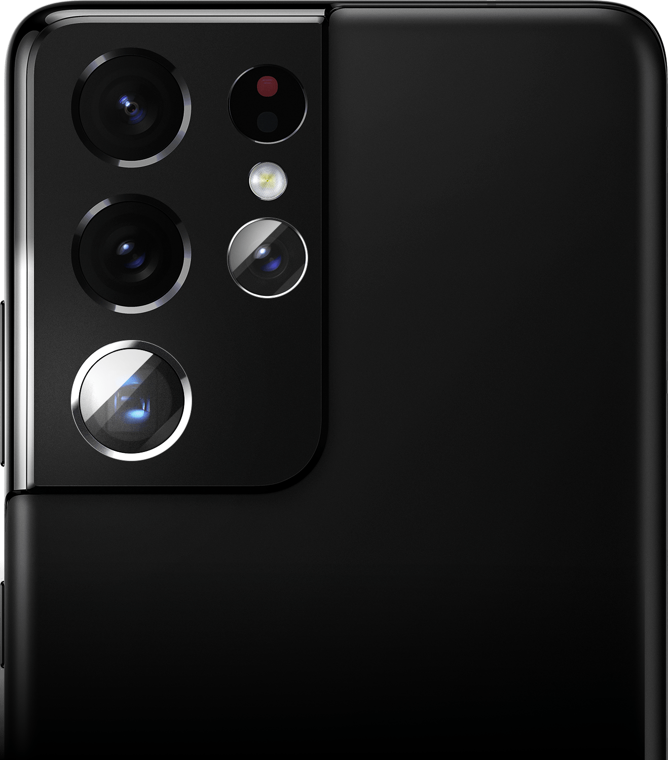 Close-up of rear camera on Galaxy S21 Ultra 5G in Phantom Black with Telephoto Cameras highlighted.