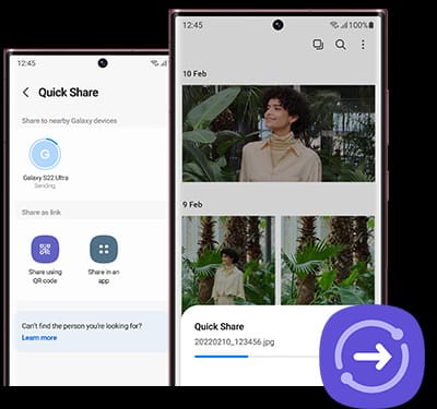 Two Galaxy S22 Ultra phones seen from the front. One phone has the Quick Share panel on the screen. The other has the Gallery onscreen, showing the populating of photos and videos sent by Quick Share.