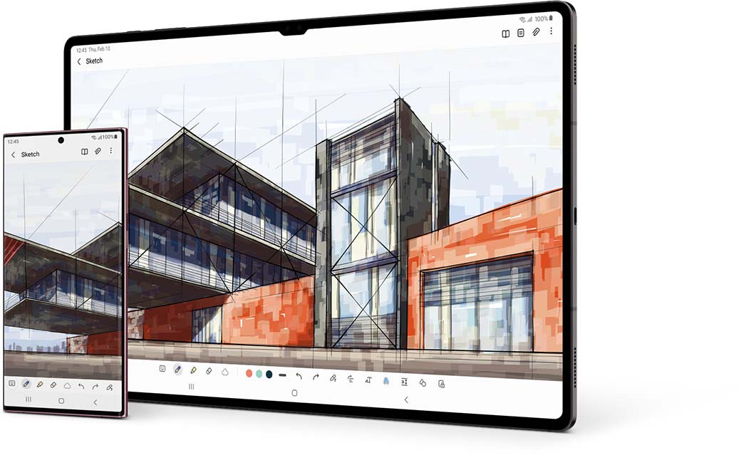 Galaxy Tab S8 Ultra and Galaxy S22 Ultra both seen from the front. They have the same Samsung Notes app on screen, with a sketch of a building design on both of them to show smooth continuity from one screen to another.