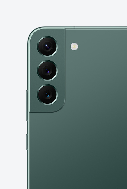 Two Galaxy S22 plus phones in Green One shows a close-up of the Rear Camera. The other phone is seen from the side to show the symmetrical design.