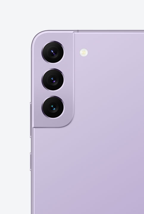 Two Galaxy S22 plus phones in Bora Purple. One shows a close-up of the Rear Camera. The other phone is seen from the side to show the symmetrical design.